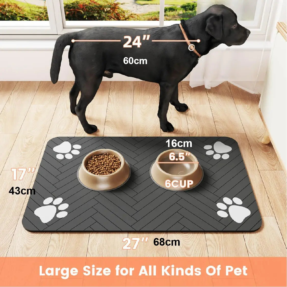 Quick-Drying Absorbent Pet Feeding Mat for Dogs and Cats, Non-Slip Rubber Bottom, Dark Polyester Surface for Indoor Use
