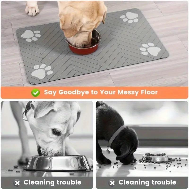 Quick-Drying Absorbent Pet Feeding Mat for Dogs and Cats, Non-Slip Rubber Bottom, Dark Polyester Surface for Indoor Use