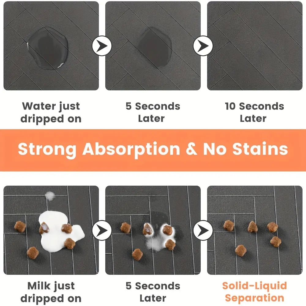 Quick-Drying Absorbent Pet Feeding Mat for Dogs and Cats, Non-Slip Rubber Bottom, Dark Polyester Surface for Indoor Use