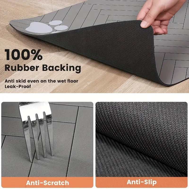 Quick-Drying Absorbent Pet Feeding Mat for Dogs and Cats, Non-Slip Rubber Bottom, Dark Polyester Surface for Indoor Use