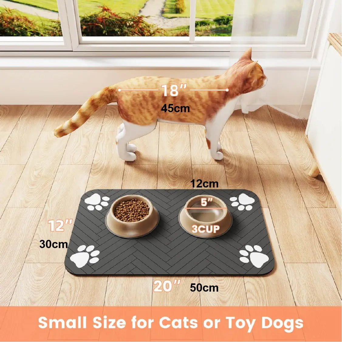 Quick-Drying Absorbent Pet Feeding Mat for Dogs and Cats, Non-Slip Rubber Bottom, Dark Polyester Surface for Indoor Use