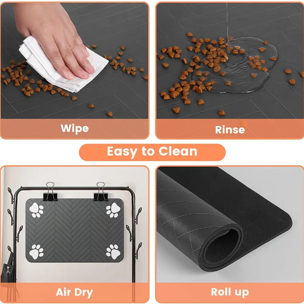Quick-Drying Absorbent Pet Feeding Mat for Dogs and Cats, Non-Slip Rubber Bottom, Dark Polyester Surface for Indoor Use
