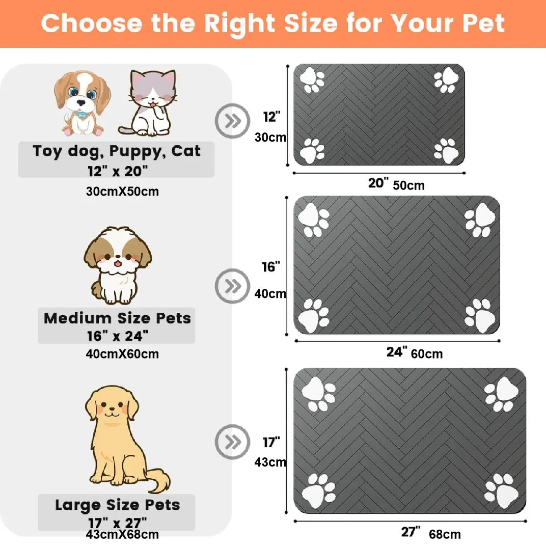 Quick-Drying Absorbent Pet Feeding Mat for Dogs and Cats, Non-Slip Rubber Bottom, Dark Polyester Surface for Indoor Use